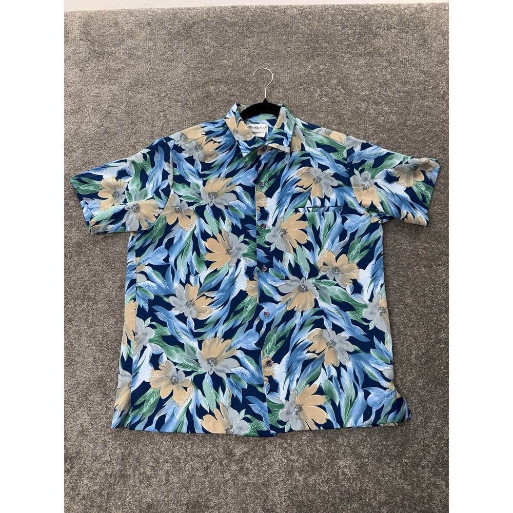 Tori Richard Men’s Hawaiian Shirt M Blue Beige Floral Aloha Camp Style 007198